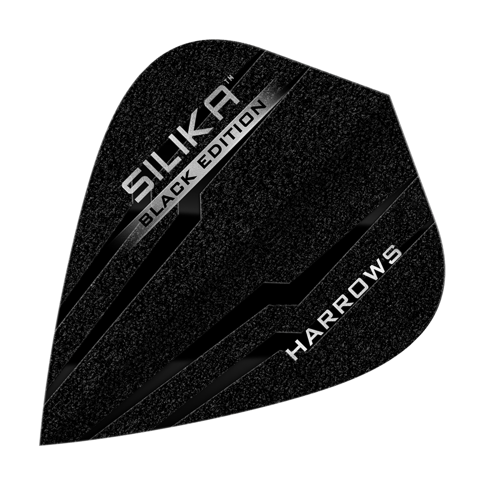 Harrows Silika Black Edition Kite Flights Das Bild zeigt ein Harrows Silika Black-Edition Kite Flight in schwarzem Design. Auf der Oberfläche stehen die Wörter "Silika Black Edition" und "Harrows" in silberner Schrift.