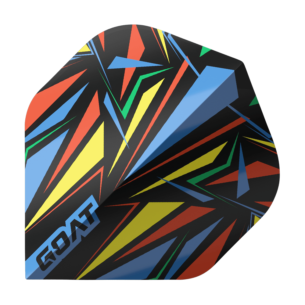 GOAT Athlete Blue No2 Standard Flights Dieses Bild zeigt ein Dart-Flight mit einem bunten, geometrischen Muster in Blau, Gelb, Rot und Grün. Auf dem Flight steht das Wort "GOAT" in blauen Buchstaben.