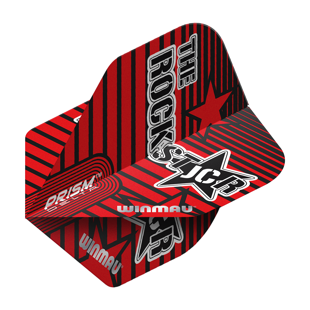 Das Bild zeigt die Winmau Prism Delta Joe Cullen Rockstar Standard Flights. Die Flights sind rot-schwarz mit auffälligen Grafiken und der Aufschrift "THE ROCKSTAR".