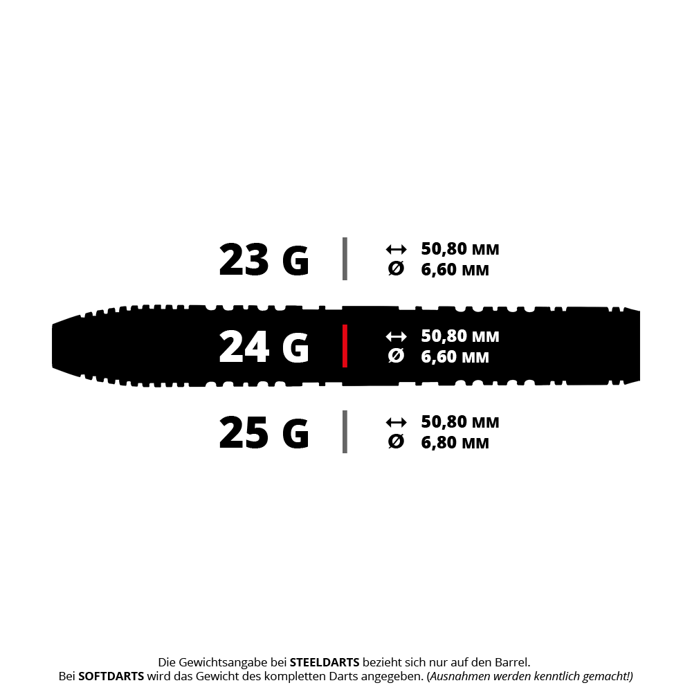 Winmau Xenon Steeldarts Das Bild zeigt drei verschiedene Gewichte von Steeldarts mit den entsprechenden Maßen. Besonders hervorgehoben ist der 24-Gramm-Dart mit einer Länge von 50,80 mm und einem Durchmesser von 6,60 mm.