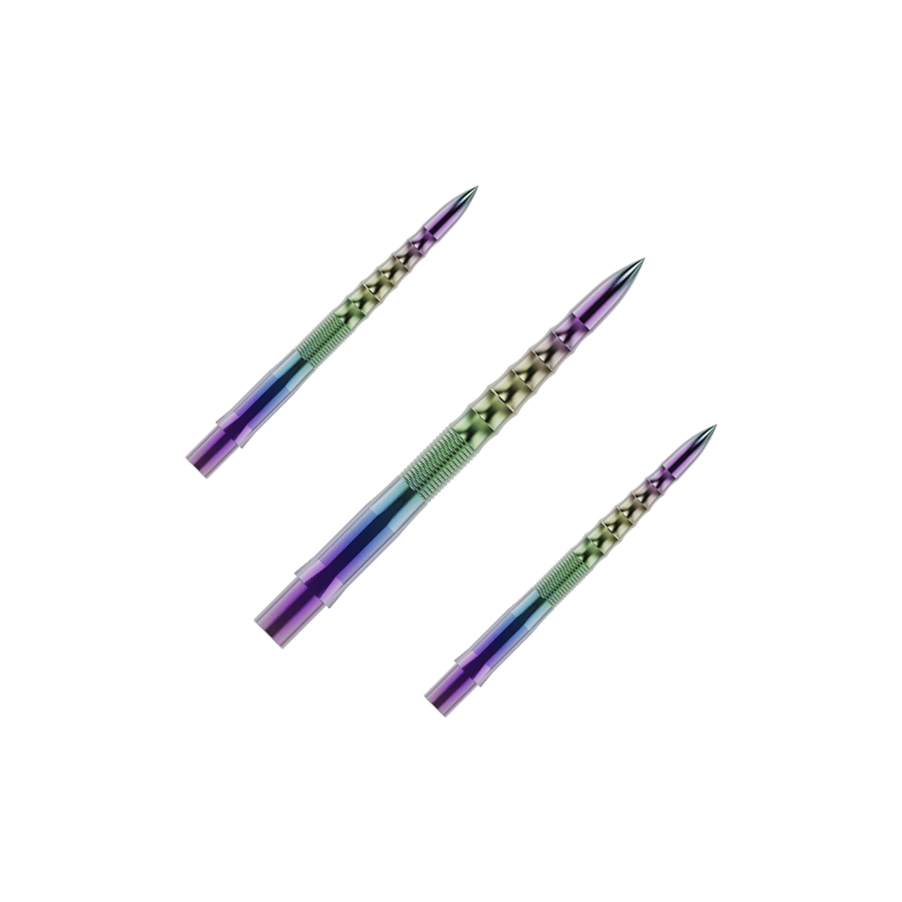 Mission Caliburn EVO dart tips - Ripple - Coral Auf dem Bild sind drei bunte Steeldartspitzen zu sehen. Sie haben ein metallisch glänzendes, geripptes Design in verschiedenen Farben.