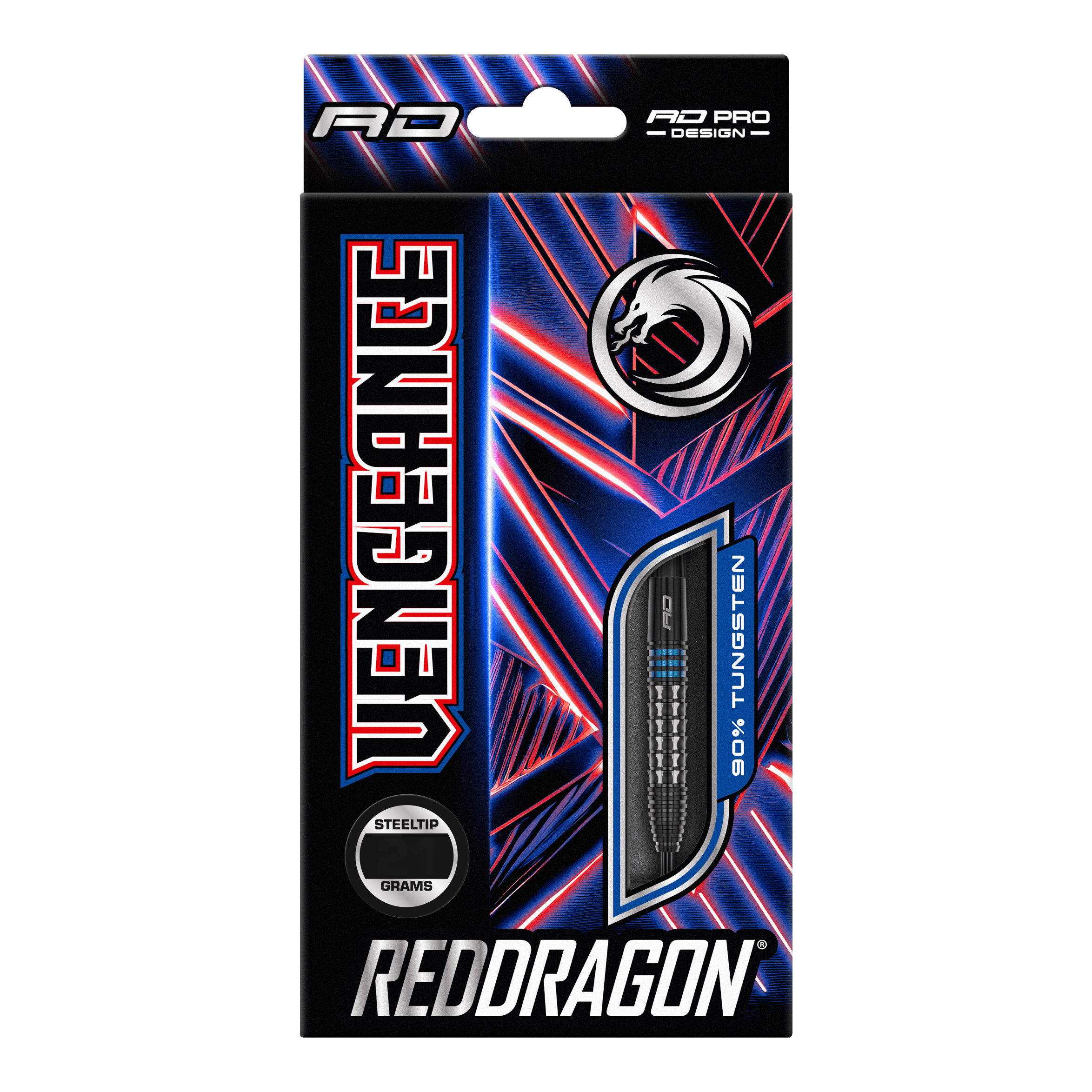 Auf dem Bild ist die Verpackung der "Red Dragon Vengeance Blue Steeldarts" zu sehen. Die Schachtel ist schwarz mit blauen und roten Akzenten und zeigt einen Dartpfeil mit dem Hinweis auf 90% Tungsten.