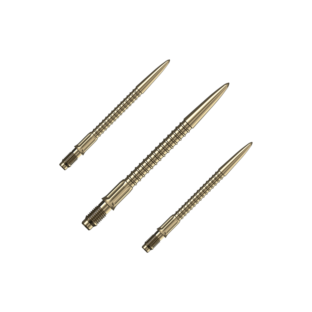 Mission R2.5 Rapid Point GV1 Dart Tips - Gold Ein Set goldener Dartspitzen ist auf dem Bild zu sehen. Das Set ist für Dartpfeile gedacht.