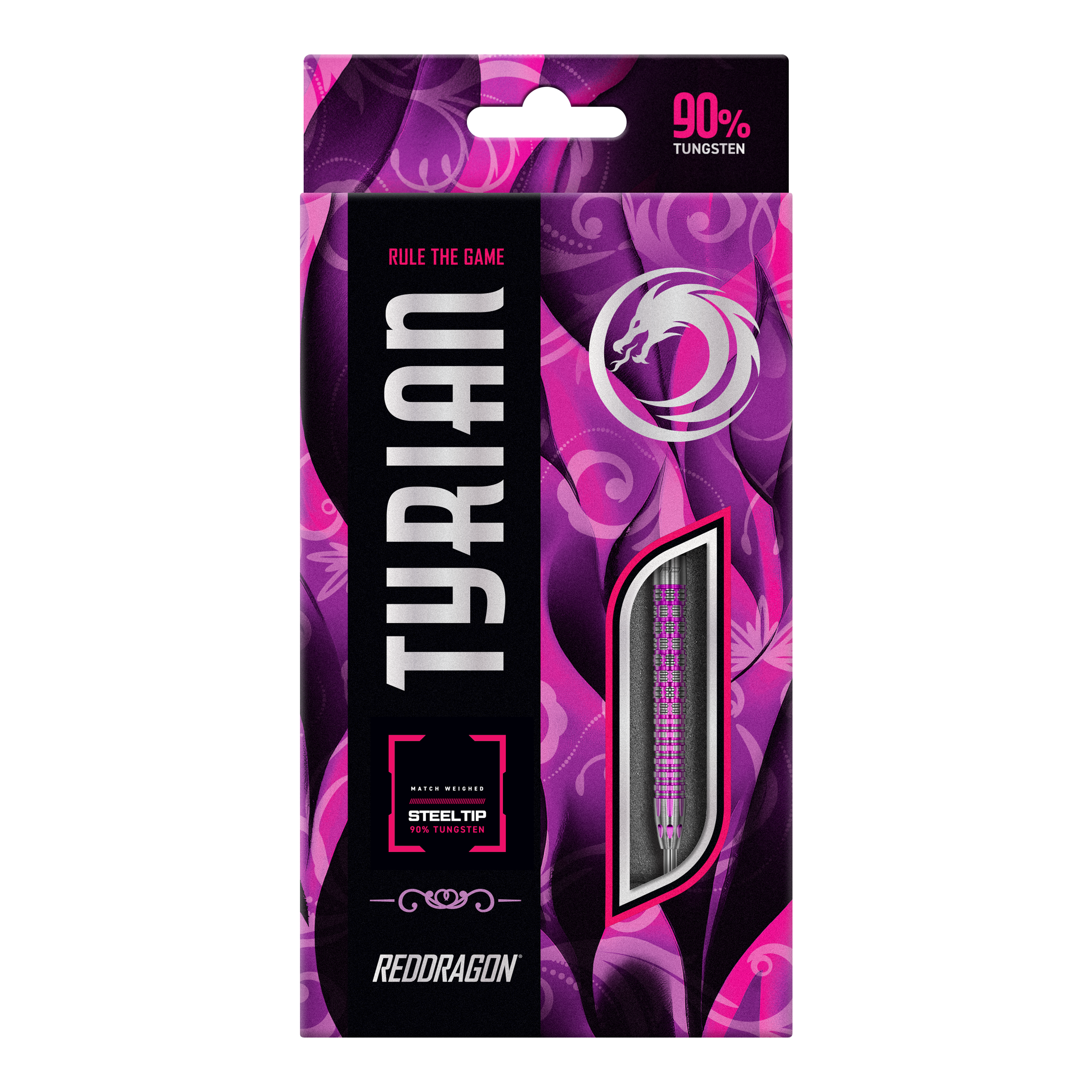Red Dragon Tyrian Steeldarts Die Abbildung zeigt die Verpackung der "Red Dragon Tyrian Steeldarts". Die Schachtel ist überwiegend in Lila- und Rosatönen gestaltet und hebt hervor, dass die Darts aus 90% Tungsten bestehen.