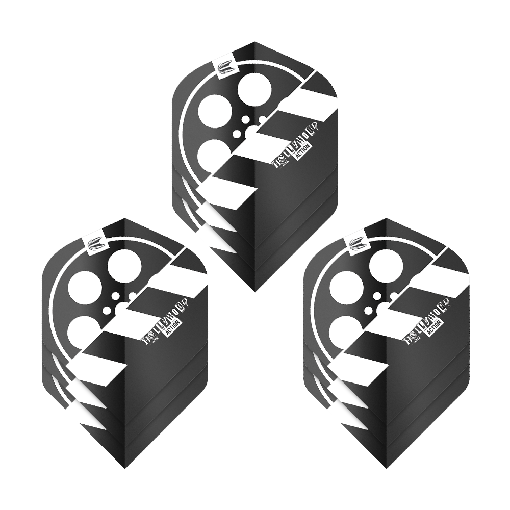 Target Pro Ultra Chris Dobey Hollywood Action No2 Standard Flights - 3 Sets Das Bild zeigt drei Sets von Dart-Flights mit einem Filmklappen-Design in Schwarz und Weiß. Die Flights tragen den Namen "Target Pro Ultra Chris Dobey Hollywood Action No2 Standard Flights".