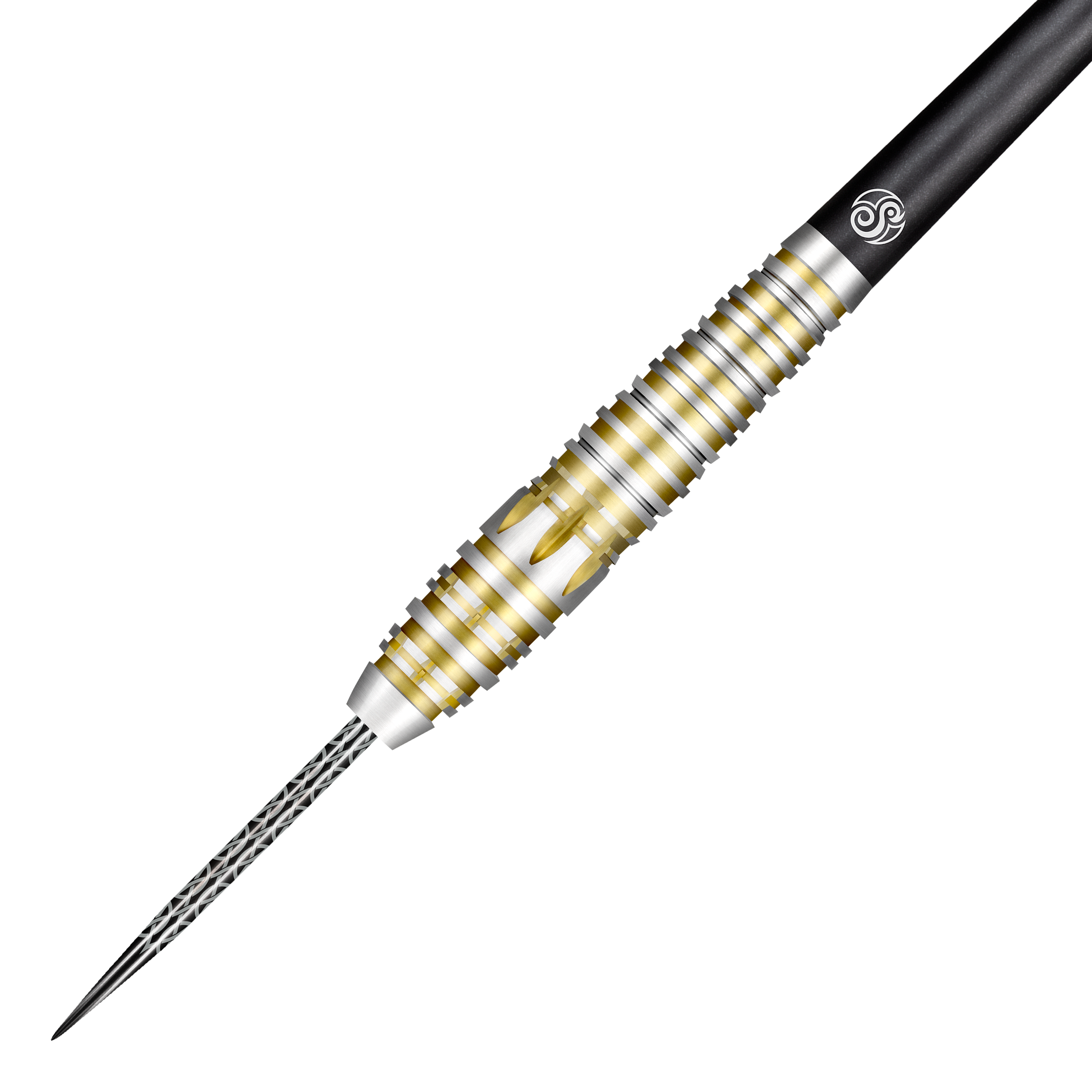 Shot Celt Balor Steeldarts Das Bild zeigt einen Shot Celt Balor Steeldart mit silbernen und goldenen Rillen am Griff. Die Spitze ist aus Metall und der Schaft ist schwarz.