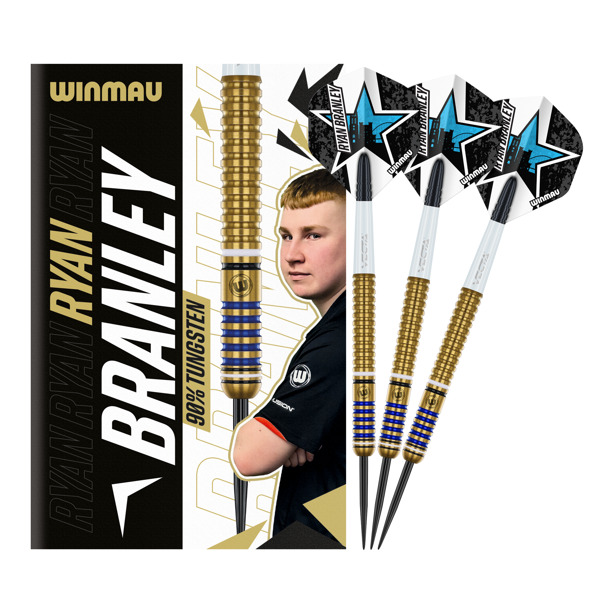 Das Bild zeigt die Winmau Ryan Branley Steeldarts mit einem Gewicht von 23 Gramm. Die Darts sind goldfarben mit blauen Ringen und werden zusammen mit einer Verpackung präsentiert, auf der ein Porträt von Ryan Branley abgebildet ist.