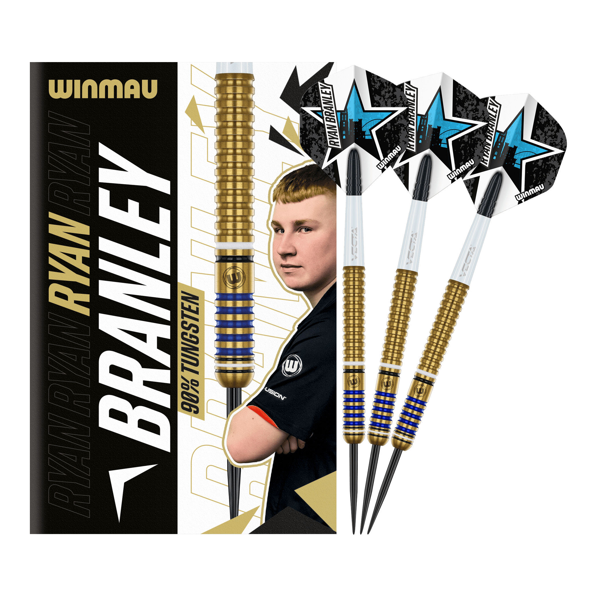 Winmau Ryan Branley Steel Darts - 23g Das Bild zeigt die Winmau Ryan Branley Steeldarts mit einem Gewicht von 23 Gramm. Die Darts sind goldfarben mit blauen Ringen und werden zusammen mit einer Verpackung präsentiert, auf der ein Porträt von Ryan Branley abgebildet ist.