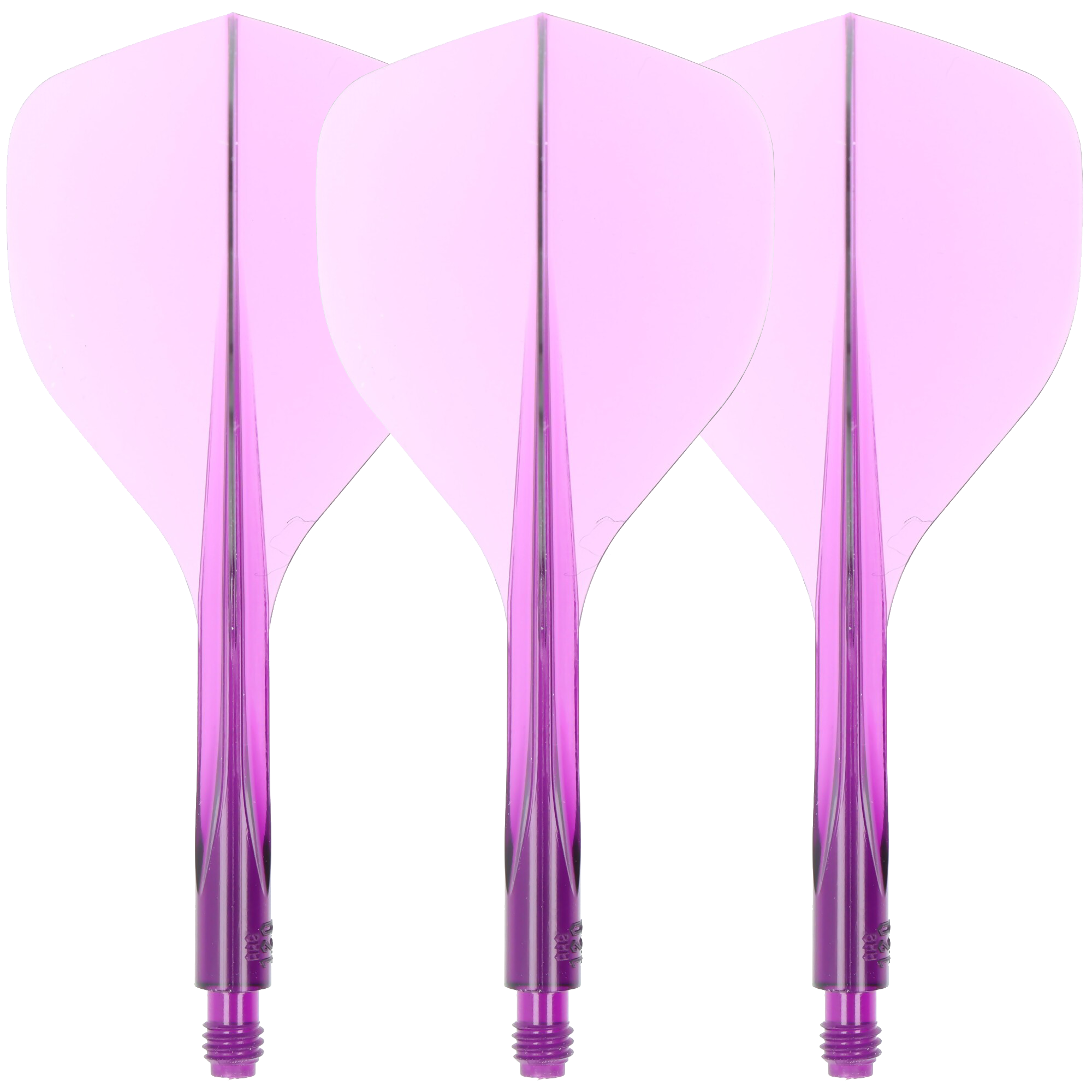 Condor Axe 120 Flight-System Clear Purple - Standard Das Bild zeigt drei klare, lila Dartflights mit integriertem Schaft. Es handelt sich um das Produkt "Condor Axe 120 Flight-System Clear Purple - Standard".