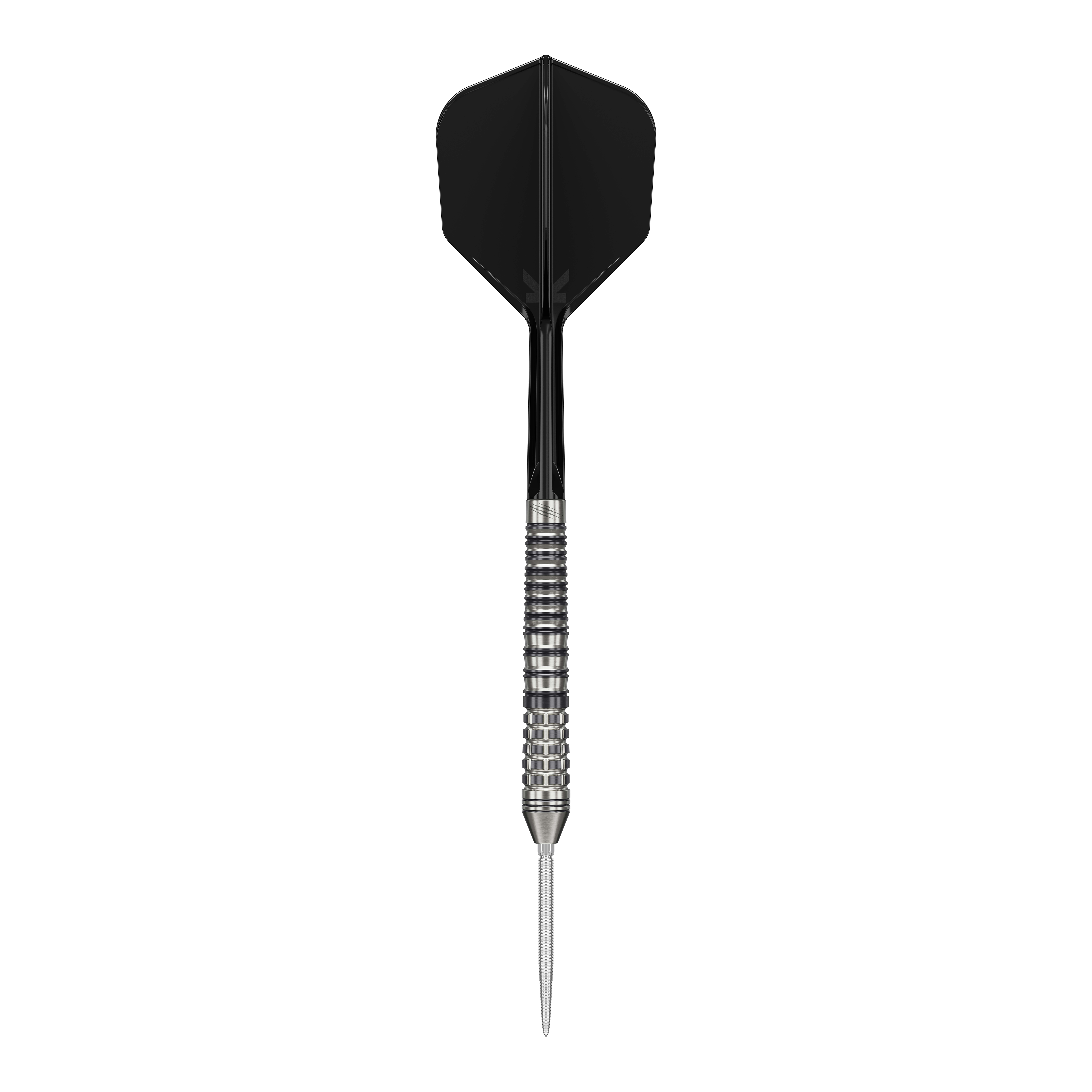 Target Black Marque Renegade 4 Swiss Point Steeldarts Das Bild zeigt einen Target Black Marque Renegade 4 Swiss Point Steeldart. Der Dartpfeil hat eine schwarze Flugfeder und einen silbernen, gerillten Schaft.