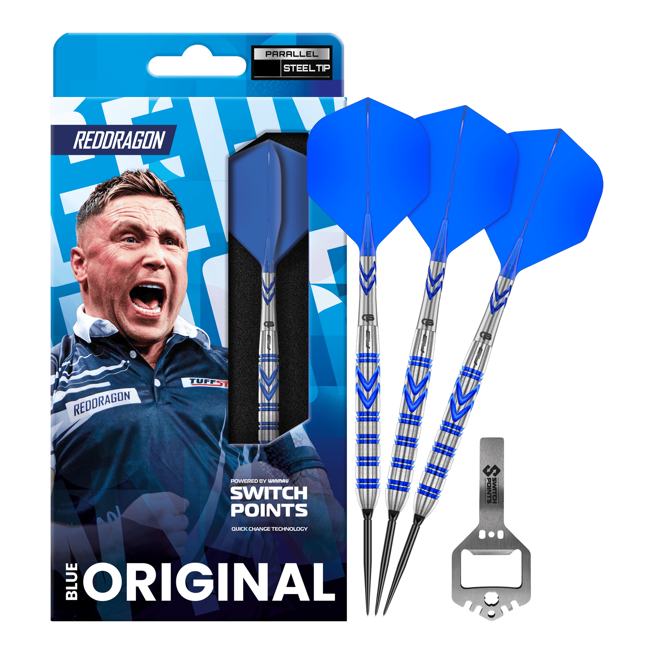 Red Dragon Gerwyn Price Blue Original Switch Point Steeldarts Das Bild zeigt die Red Dragon Gerwyn Price Blue Original Switch Point Steeldarts. Es handelt sich um hochwertige Steeldarts mit blauem Design.