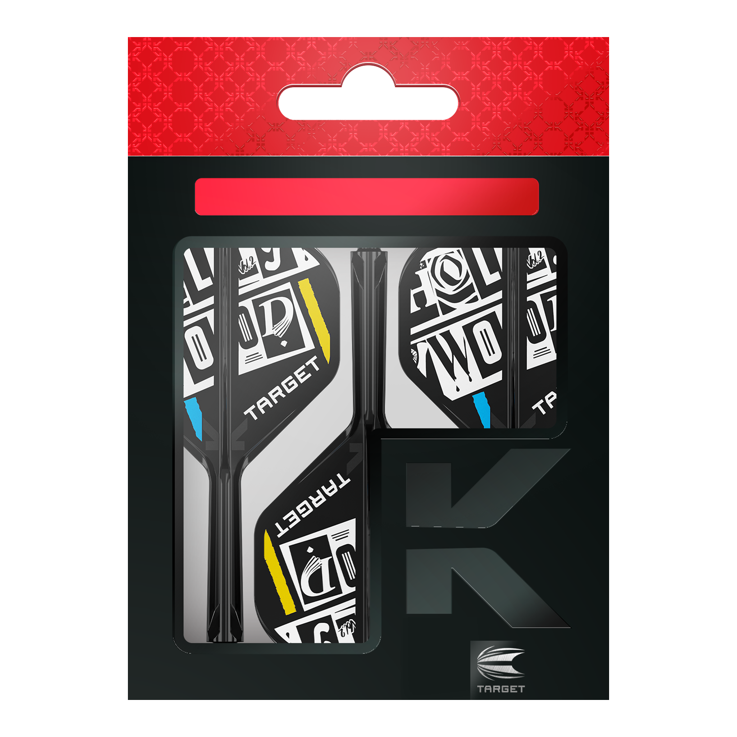 Das Bild zeigt eine Packung der "Target K-Flex Chris Dobey No2 Standard Flights". Die Flights sind schwarz-weiß mit gelben und blauen Akzenten gestaltet und befinden sich in einer schwarzen Verpackung mit rotem Aufhänger.