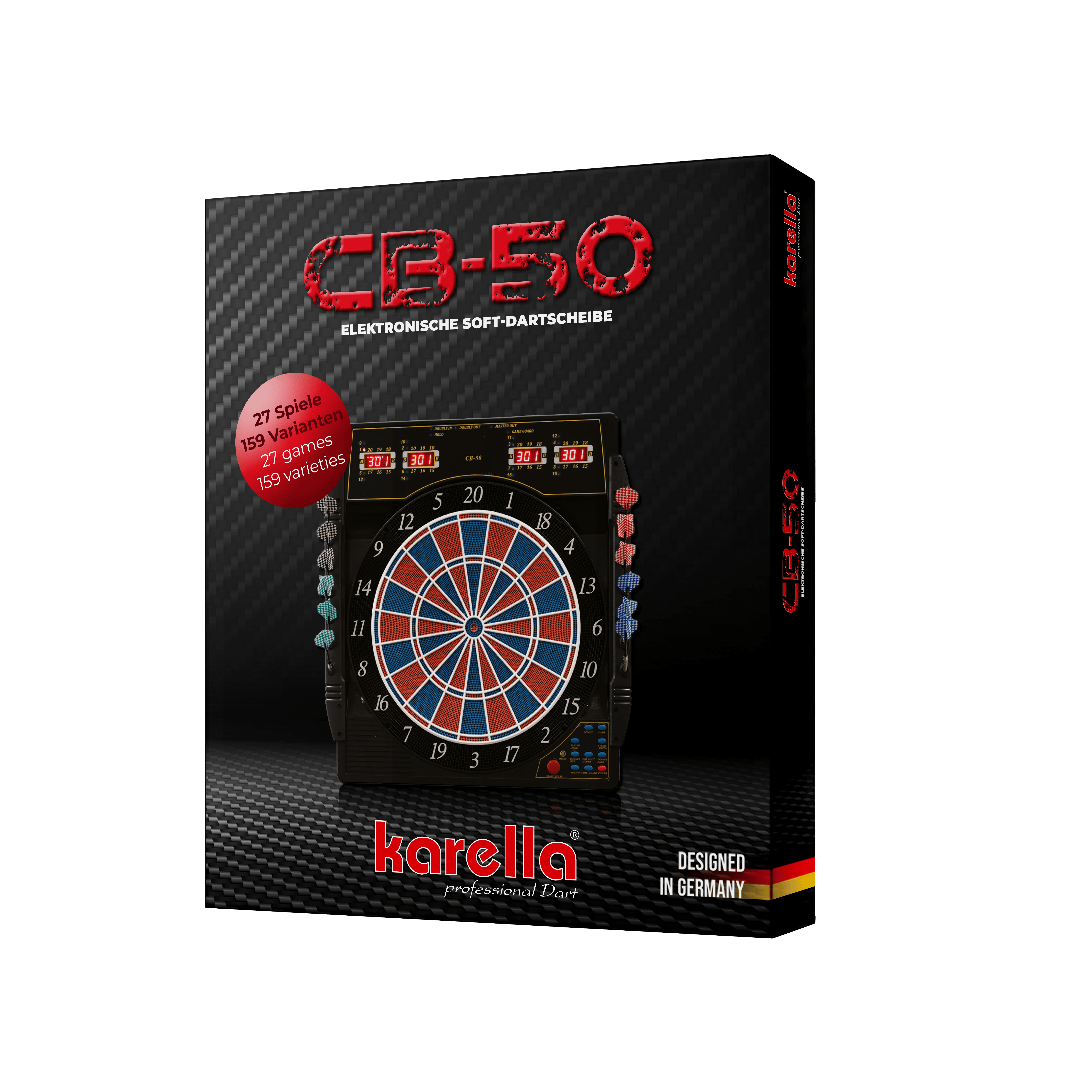 Die Abbildung zeigt die Produktverpackung der elektronischen Dartscheibe Karella CB 50 Turnierausführung. Auf der Verpackung sind Informationen wie „27 Spiele, 159 Varianten“ und „Designed in Germany“ zu sehen.