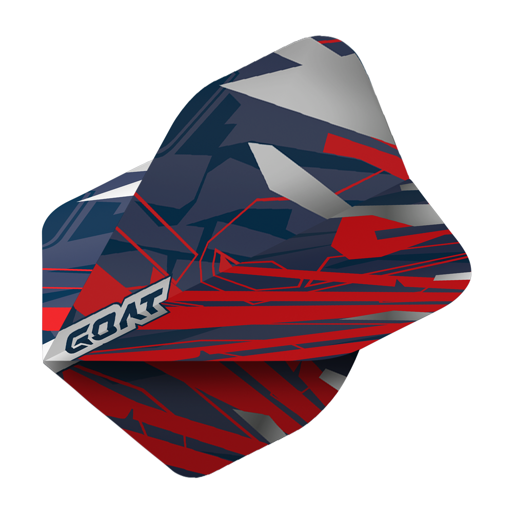 GOAT Homerun No2 Standard Flights Das Bild zeigt das Produkt „GOAT Homerun No2 Standard Flights“. Die Dartflights haben ein modernes, abstraktes Design in Rot, Blau und Grau mit dem GOAT-Logo an der Seite.