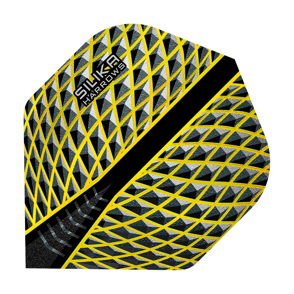 HR88_Harrows_Silika_Yellow_No2_Standard_Flights_1 Das Bild zeigt das Produkt "Harrows Silika Yellow No2 Standard Flights". Die Dart-Flights haben ein auffälliges gelb-schwarzes geometrisches Muster.