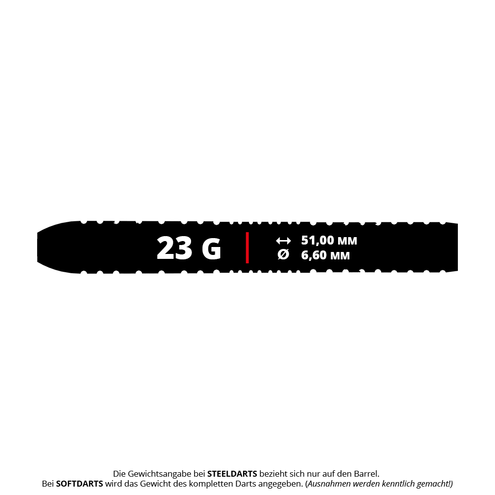 Shot Pro Series Barbora Hospodarska 2 Steeldarts - 23g Das Bild zeigt den Shot Pro Series Barora Hospodarska Steeldart mit einem Gewicht von 23 Gramm. Die Abmessungen des Darts sind 51,00 mm Länge und 6,60 mm Durchmesser.