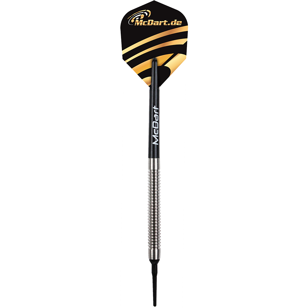 McDart Giga Grip 2 dart set Das Bild zeigt einen Dartpfeil aus dem McDart Giga Grip 2 Dartset. Der Pfeil hat ein silbernes Griffstück, einen schwarzen Schaft und eine schwarze Flights mit gelben Streifen und dem McDart.de-Logo.