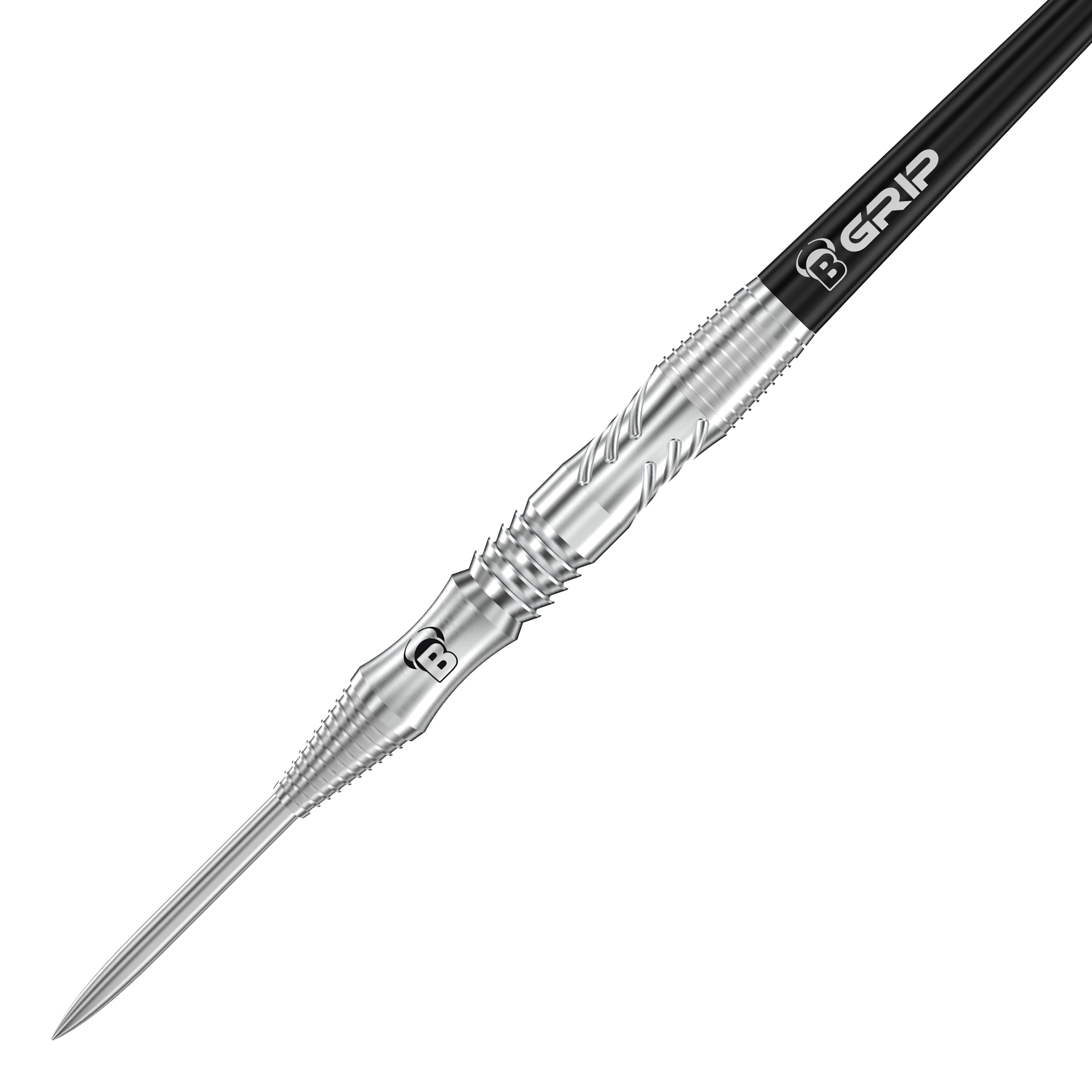 Bulls Tac T1 Steeldarts Das Bild zeigt einen Bull’s Tac T1 Steeldart mit silberner Spitze und strukturiertem Griff. Auf dem Dart steht das Logo "B GRIP" auf einem schwarzen Schaft.