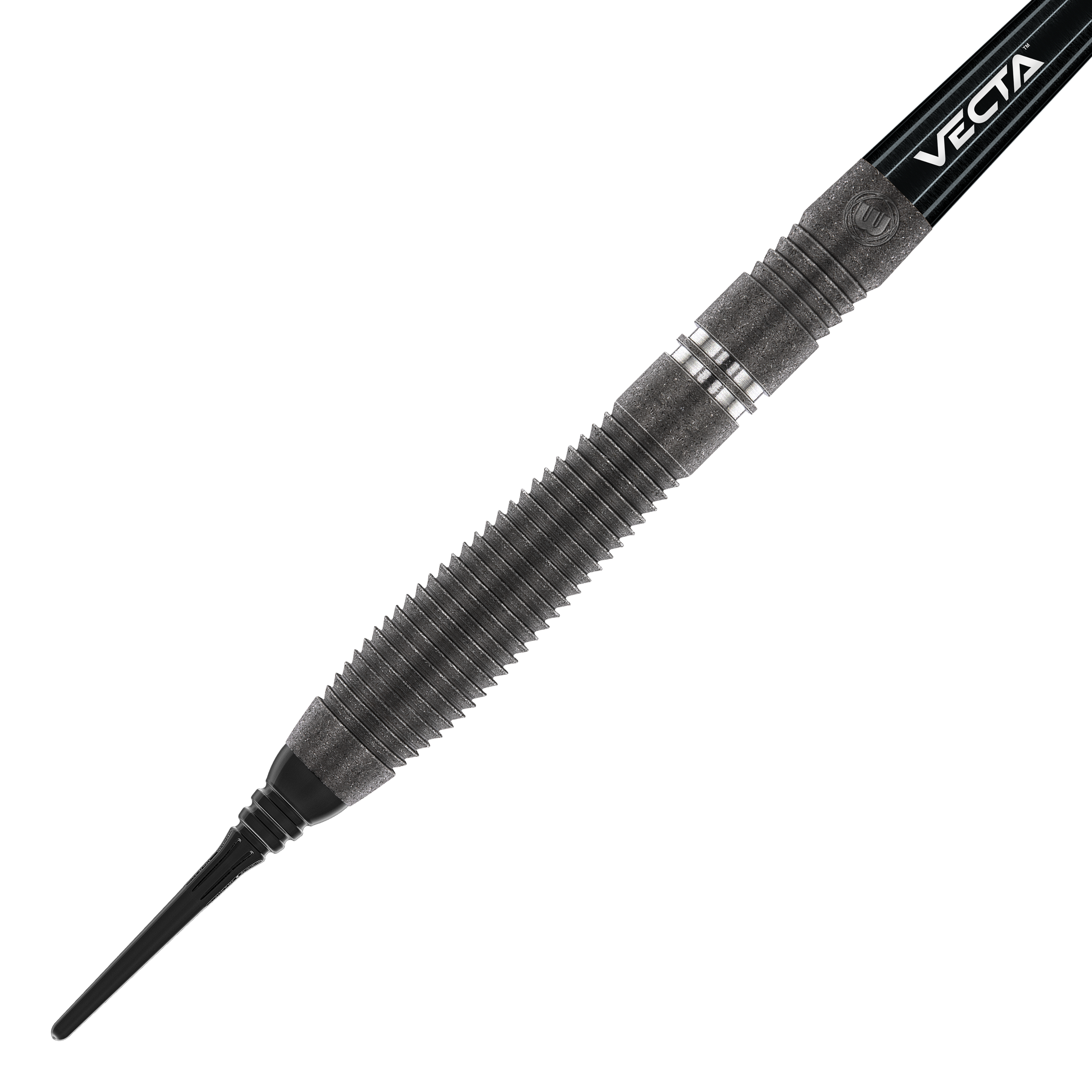 Winmau Callisto 02 soft darts - 20g Das Bild zeigt einen Winmau Callisto 02 Softdart mit einem Gewicht von 20g. Der Dart hat ein schwarzes, geriffeltes Barrel und eine Spitze aus Kunststoff.