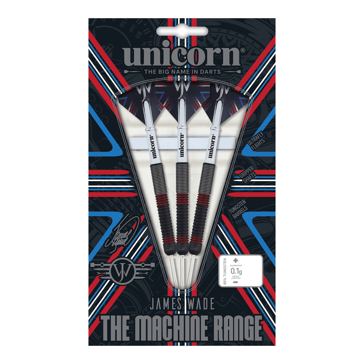 Unicorn The Machine James Wade 80% steel darts Das Bild zeigt eine Verpackung mit drei Steeldarts der Marke Unicorn, Modell "The Machine James Wade 80%". Die Darts haben einen schwarzen und roten Griffbereich und sind prominent in einer auffälligen Verpackung präsentiert.