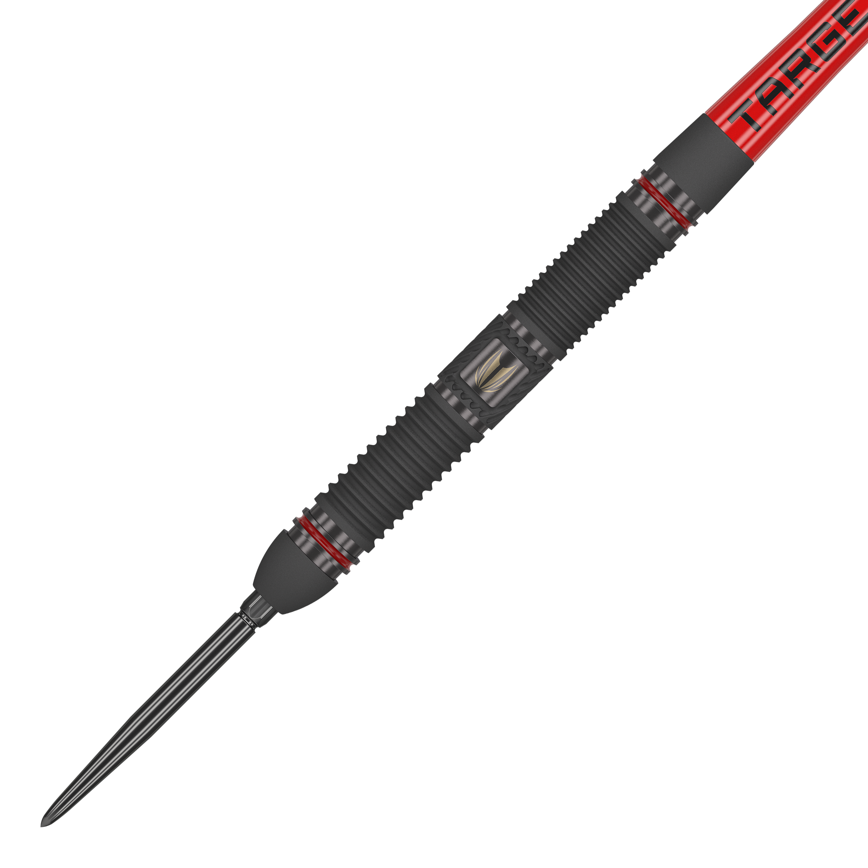 Target Scope 01 Swiss Point steel darts Das Bild zeigt einen Steeldart namens "Target Scope 01 Swiss Point". Der Dart hat ein schwarzes, geriffeltes Griffstück mit roten Akzenten und einer silbernen Spitze.