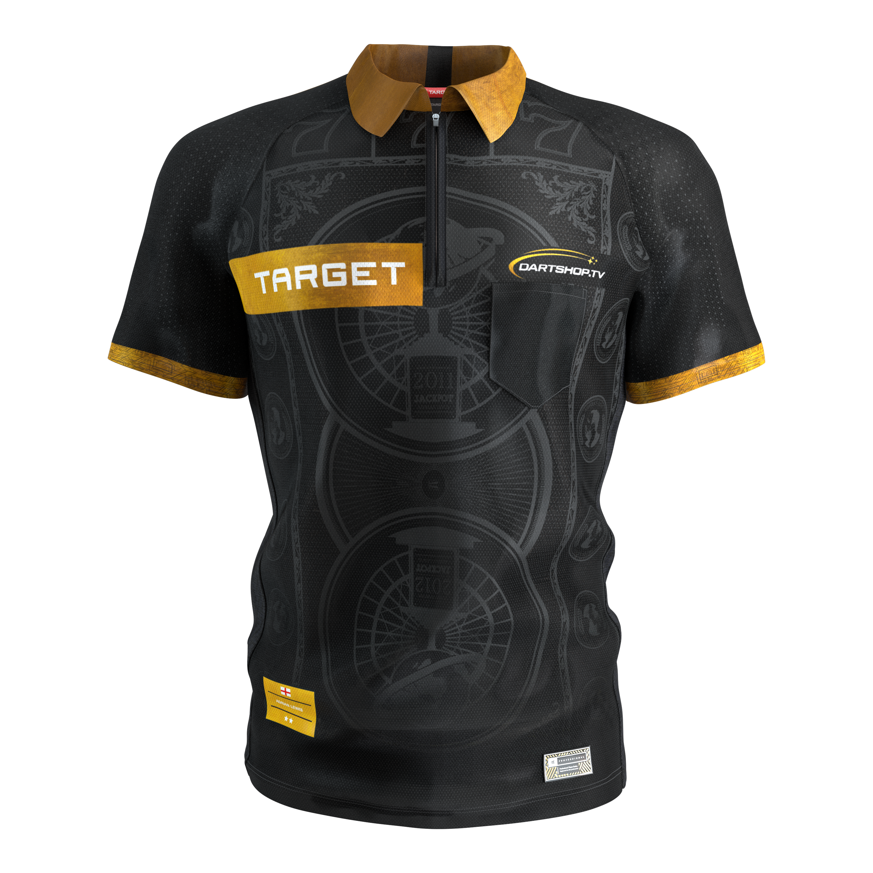 Zu sehen ist das Target Adrian Lewis Dartshirt 2026. Das Shirt zeichnet sich durch sein professionelles Aussehen aus.