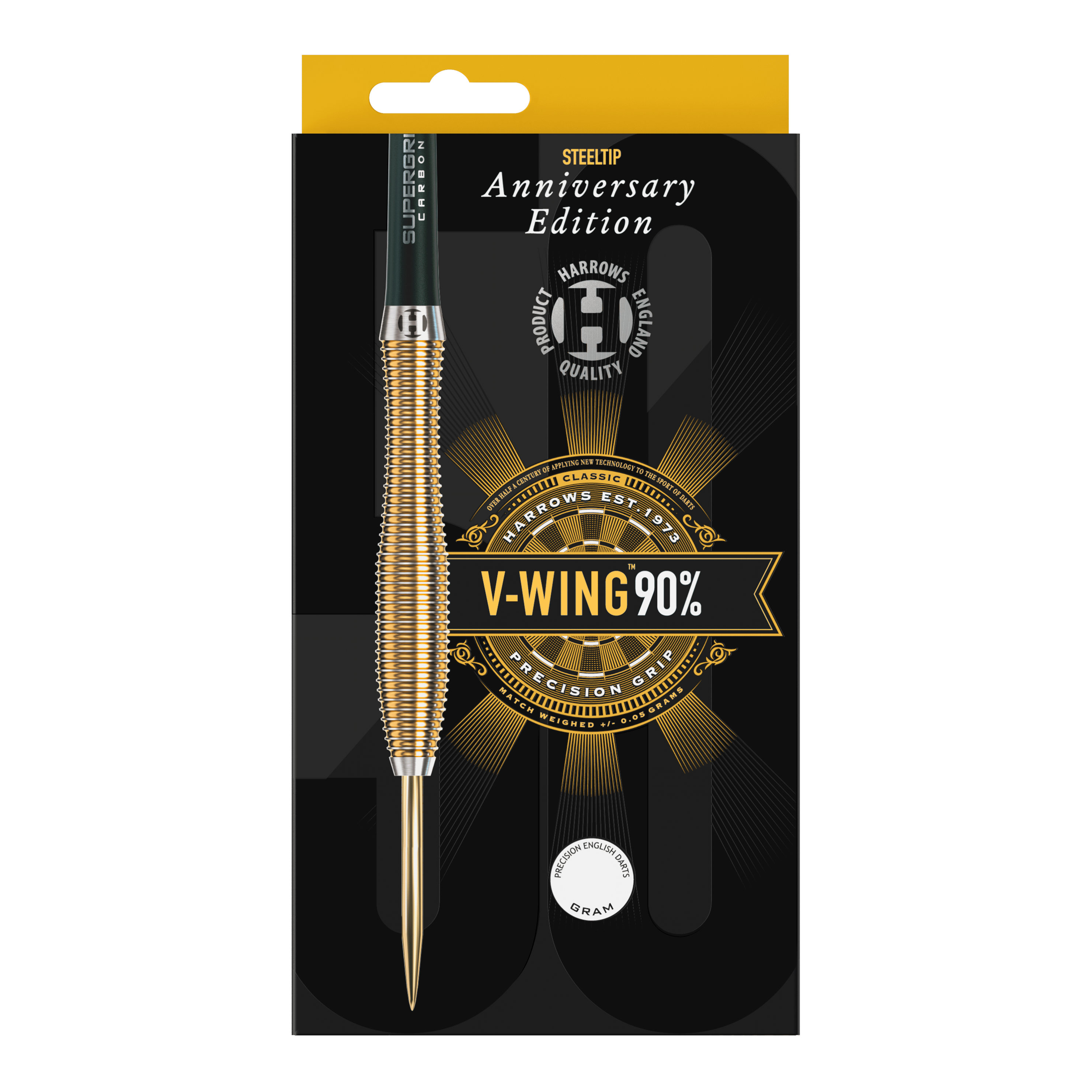 Harrows Anniversary Edition V-Wing Steel Darts Dies ist eine Verpackung für Steeldarts der Marke Harrows, Anniversary Edition. Auf der Packung steht "V-WING 90%" und "Precision Grip".