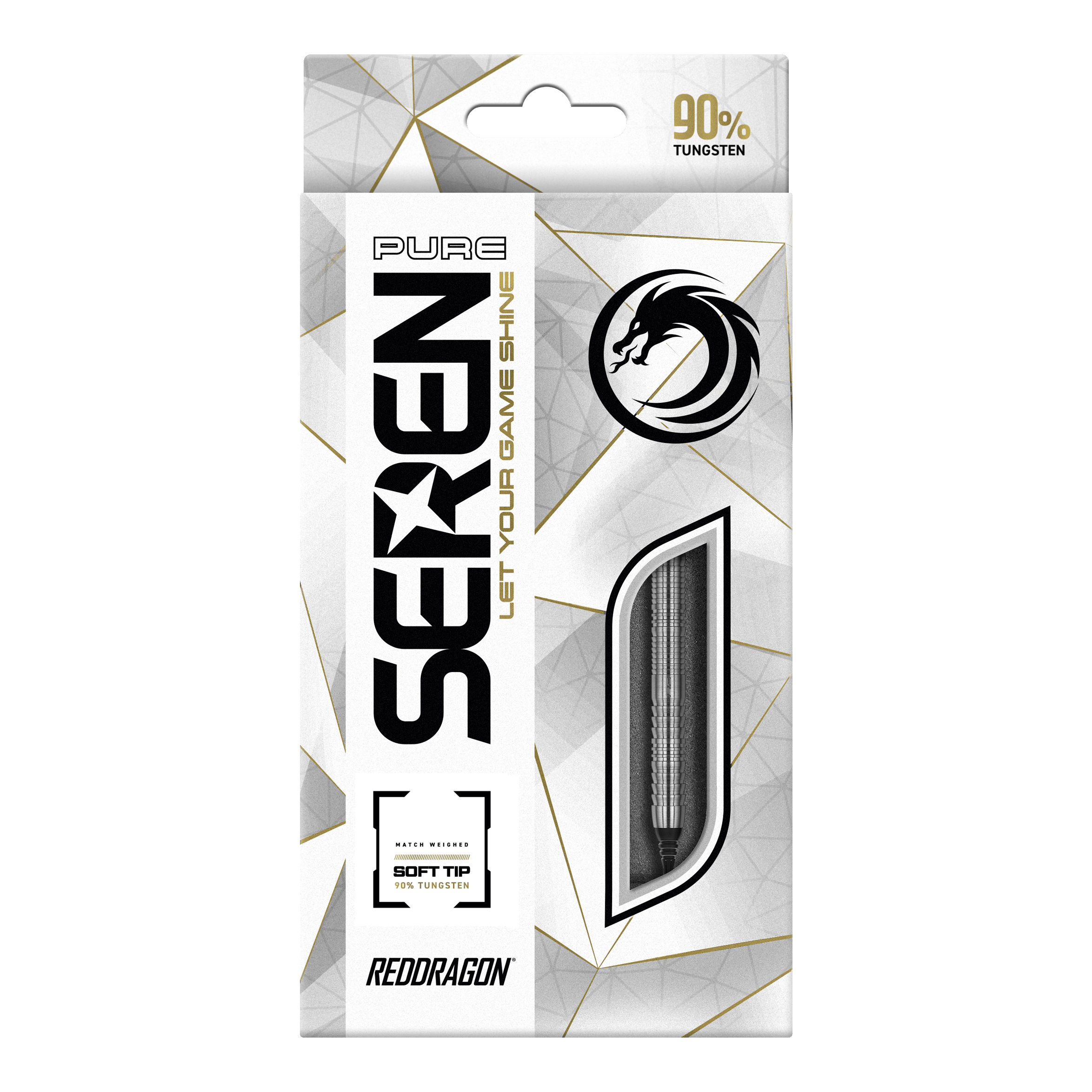 Red Dragon Seren 1 Pure Softdarts - 20g Die Verpackung zeigt das Produkt "Red Dragon Seren 1 Pure Softdarts - 20g". Das Design ist überwiegend weiß mit goldenen und schwarzen Akzenten und hebt die Qualität aus 90 % Tungsten hervor.