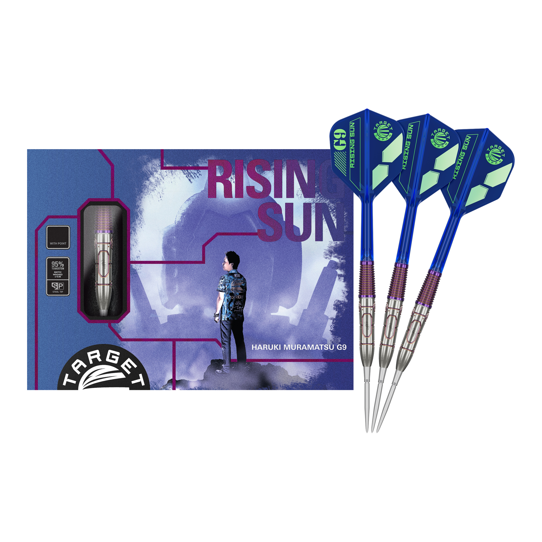 Target Japan Haruki Muramatsu Rising Sun GEN9 Steeldarts - 23g Das Bild zeigt das Produkt „Target Japan Haruki Muramatsu Rising Sun GEN9 Steeldarts - 23g“. Auf der Verpackung ist eine Person abgebildet, daneben sind drei blaue Steeldarts zu sehen.