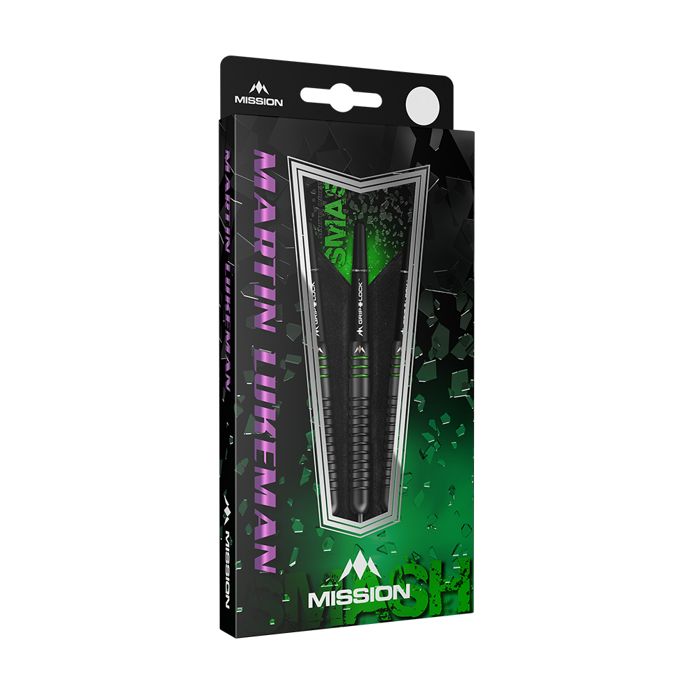 M001325_Mission_Martin_Lukeman_Black_Titanium_Steeldarts_3 Die Abbildung zeigt die Mission Martin Lukeman Black Titanium Steeldarts mit 25g Gewicht in ihrer Verpackung. Die Verpackung ist überwiegend schwarz und grün gestaltet und hebt den Namen des Produkts deutlich hervor.