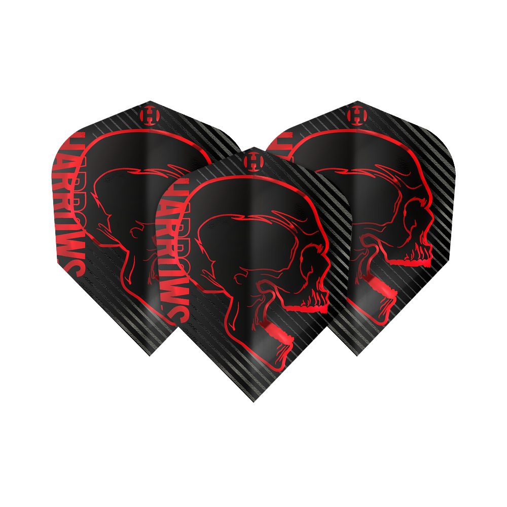 Harrows Rage Red No6 Flights Das Bild zeigt drei schwarze Dartflights mit einem roten Totenkopfdesign und dem Schriftzug "Harrows" an der Seite. Die Flights sind Teil des Produkts "Harrows Rage Red No6 Flights".