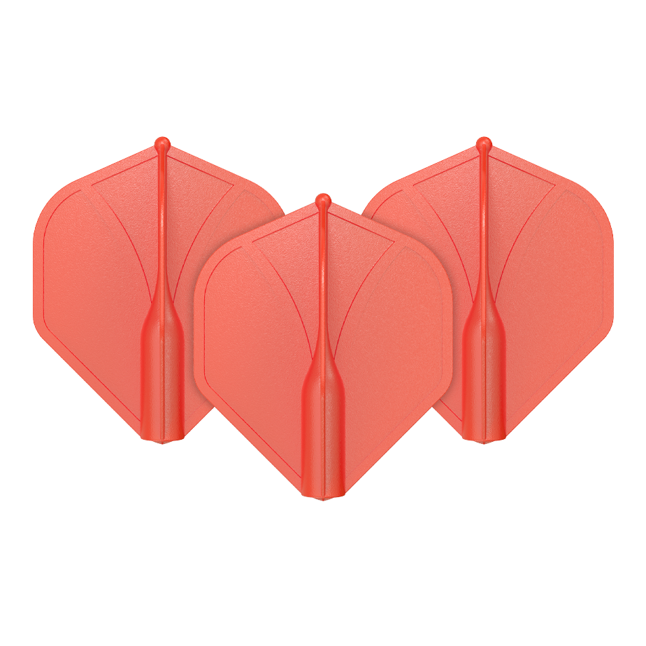 Das Bild zeigt drei rote Dartflights, die nebeneinander angeordnet sind. Sie haben eine einheitliche Form und glatte Oberfläche.