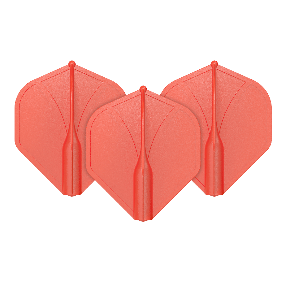 Shot Airfoil Molded No2 Standard Flights Das Bild zeigt drei rote Dartflights, die nebeneinander angeordnet sind. Sie haben eine einheitliche Form und glatte Oberfläche.