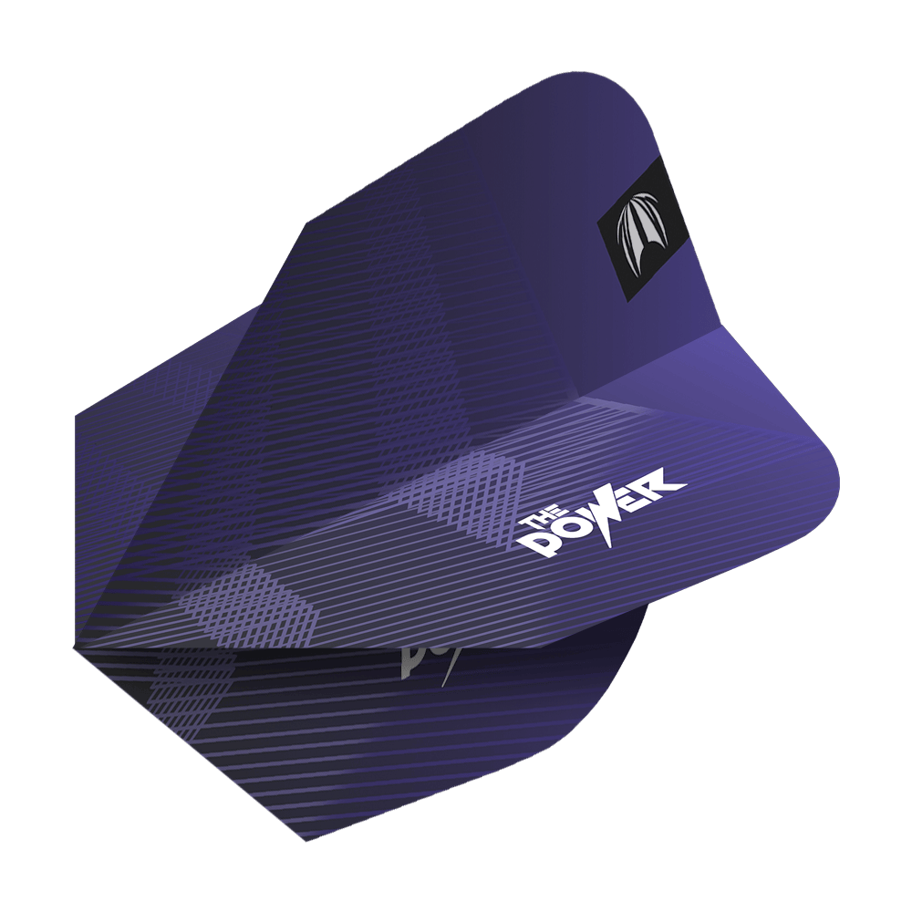 Target Pro Ultra Phil Taylor Power GEN10 Ten-X Flights - 3 Sets Das Bild zeigt ein Set von lila Dart-Flights mit dem Aufdruck "The Power". Es handelt sich um die Target Pro Ultra Phil Taylor Power GEN10 Ten-X Flights.