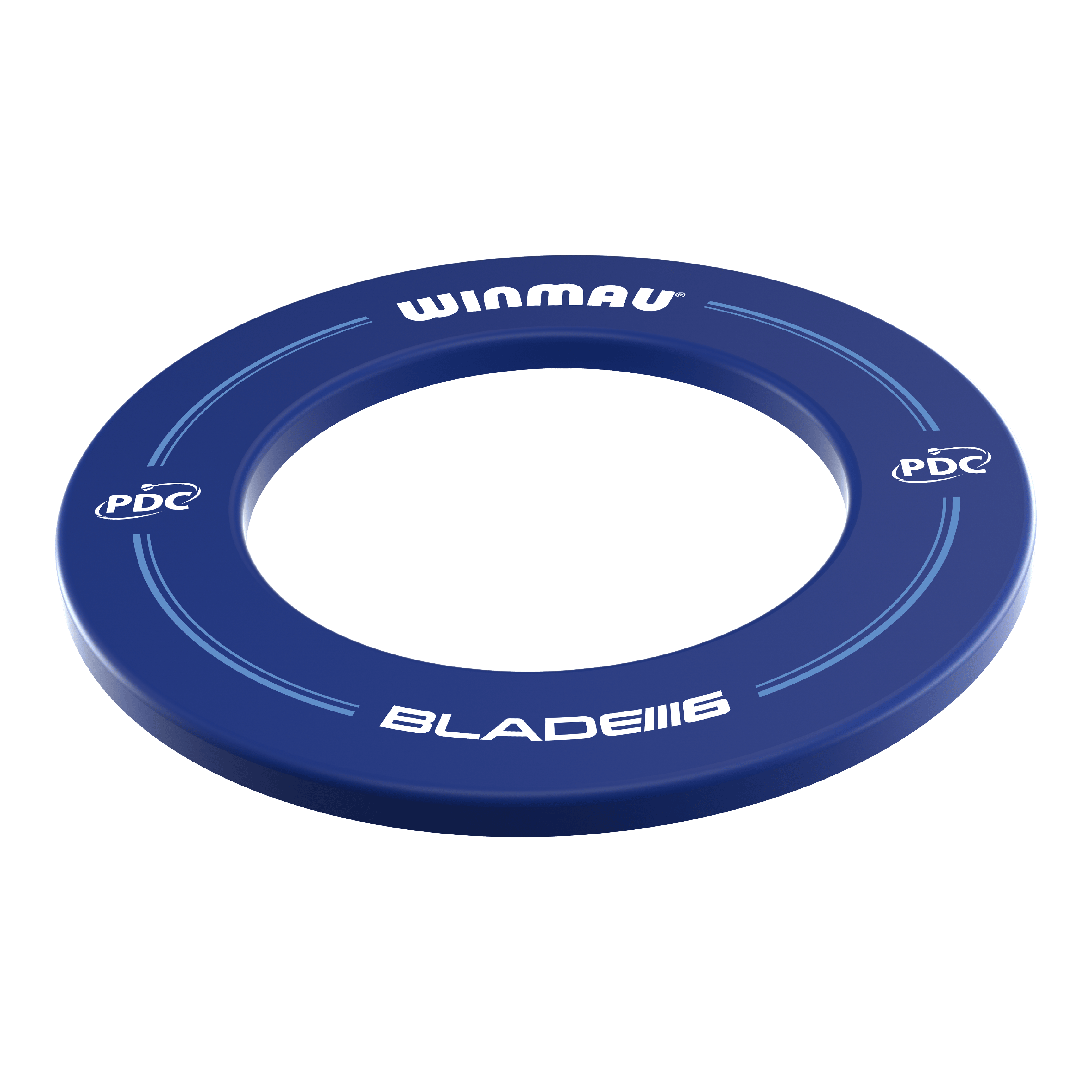 Winmau PDC Dartboard Surround - Blue Das Bild zeigt ein blaues Dartboard-Surround der Marke Winmau mit der Aufschrift "BLADE 6" und "PDC". Es ist rund und dient zum Schutz der Wand rund um eine Dartscheibe.