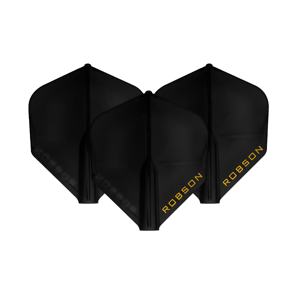 Robson Plus Flights - Standard Auf dem Bild sind drei schwarze Dart-Flights zu sehen. Auf jedem Flight steht das Wort "ROBSON" in gelber Schrift.
