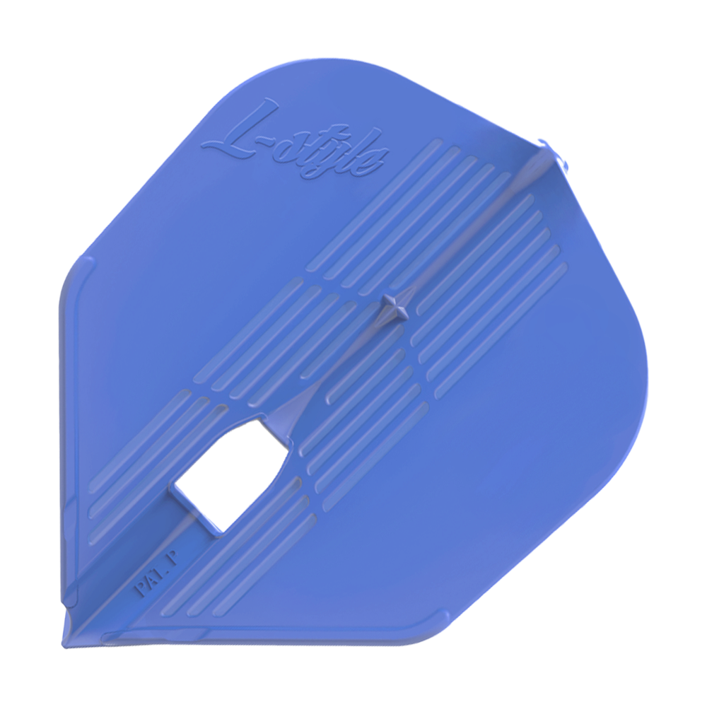 Das Bild zeigt ein blaues Dartflight mit dem Schriftzug "L-style" darauf. Das Flight hat eine eckige Form und gerillte Muster.