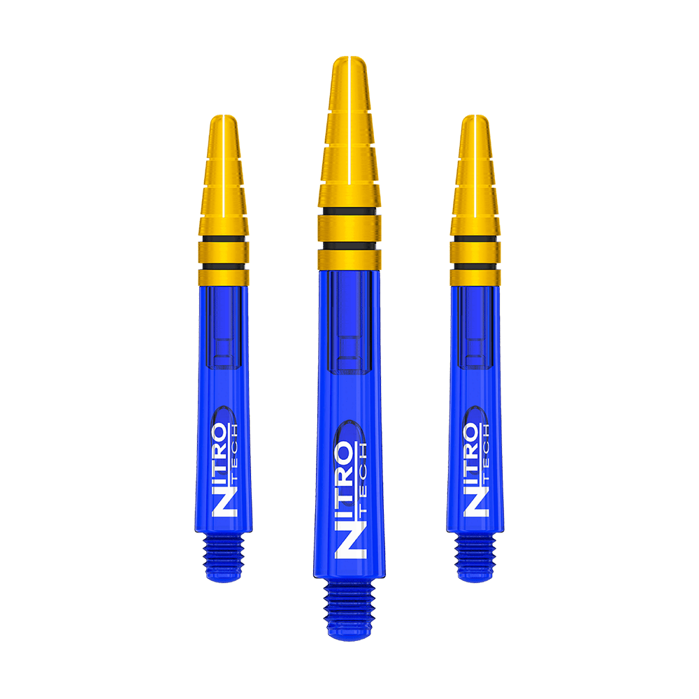 C799_Red_Dragon_Nitrotech_Shafts_Blau_Gold_39mm_1 Das Bild zeigt drei blaue und goldene Dartschäfte der Marke Red Dragon Nitrotech mit der Aufschrift "NITRO TECH". Die Schäfte sind 39 mm lang und haben ein modernes, glänzendes Design.