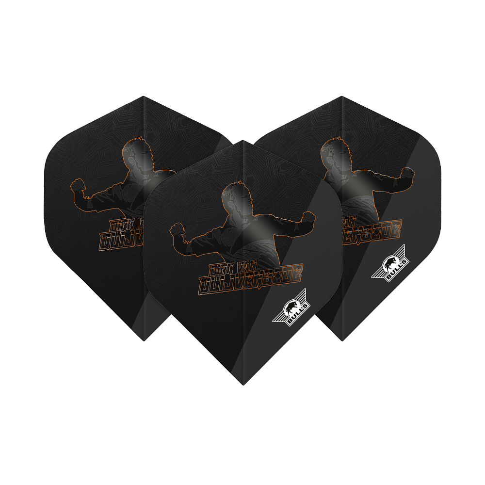 Bulls NL Player 100 Dirk Van Duijvenbode Edition 2 No2 Standard Flights Das Bild zeigt drei schwarze Dart Flights mit dem Aufdruck "Dirk Van Duijvenbode" und einer Silhouette. In der Ecke ist das weiße Bulls NL-Logo zu sehen.