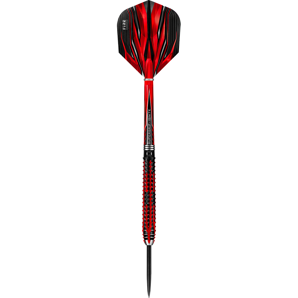 HA26999_Harrows_Fire_Inferno_Steeldarts_1F58MeZcIwywTg Das Bild zeigt einen Harrows Fire Inferno Steeldart mit auffälligem roten und schwarzen Design. Der Dart wirkt hochwertig und ist speziell für Präzision und Leistung im Dartsport entwickelt.
