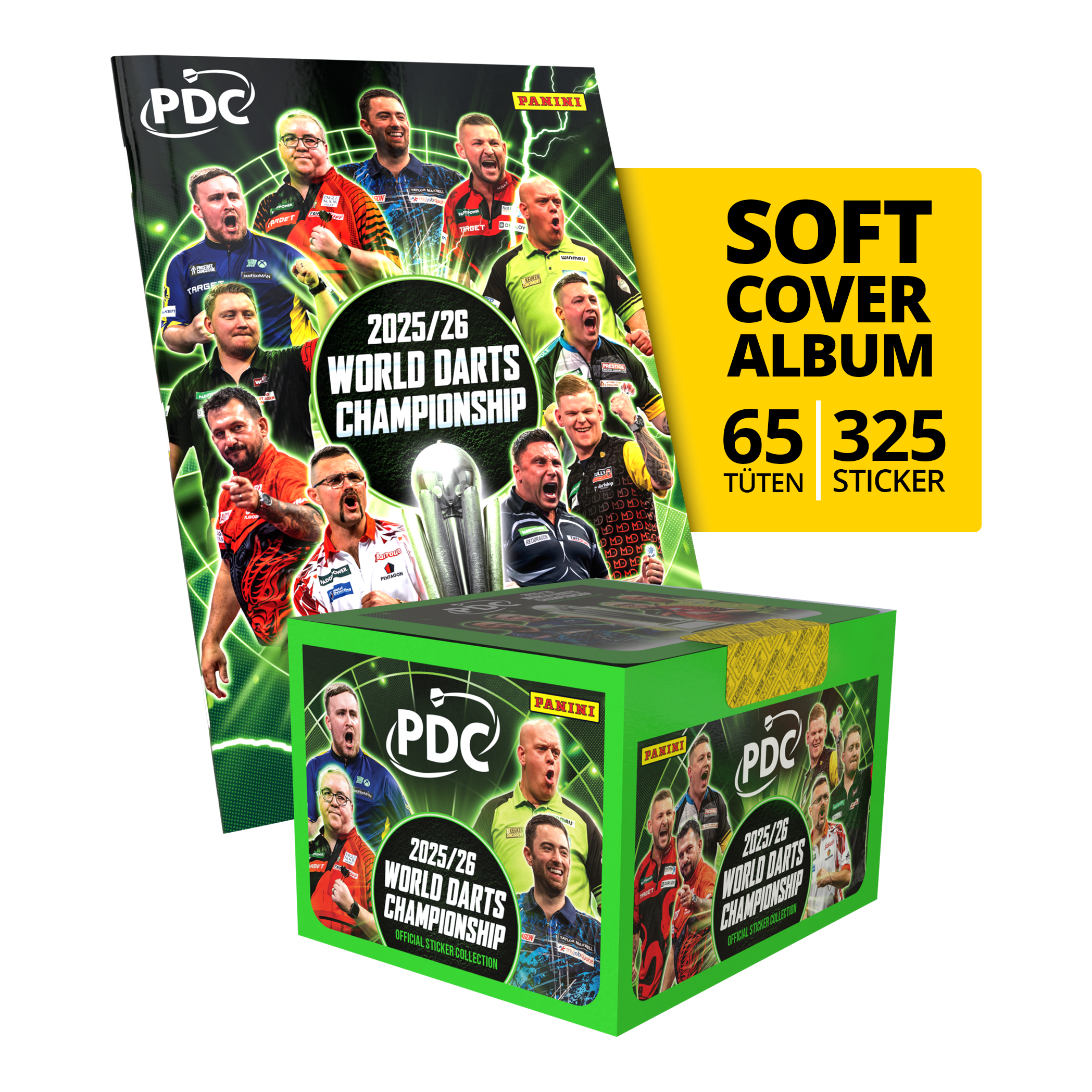 Panini PDC World Darts Championship 2025/26 - Softcover Bundle with a sticker box Das Bild zeigt das Panini PDC World Darts Championship 2025/26 Softcover Bundle mit einer Stickerbox. Dieses Bundle enthält ein Softcover-Album und eine Box voller Sticker.