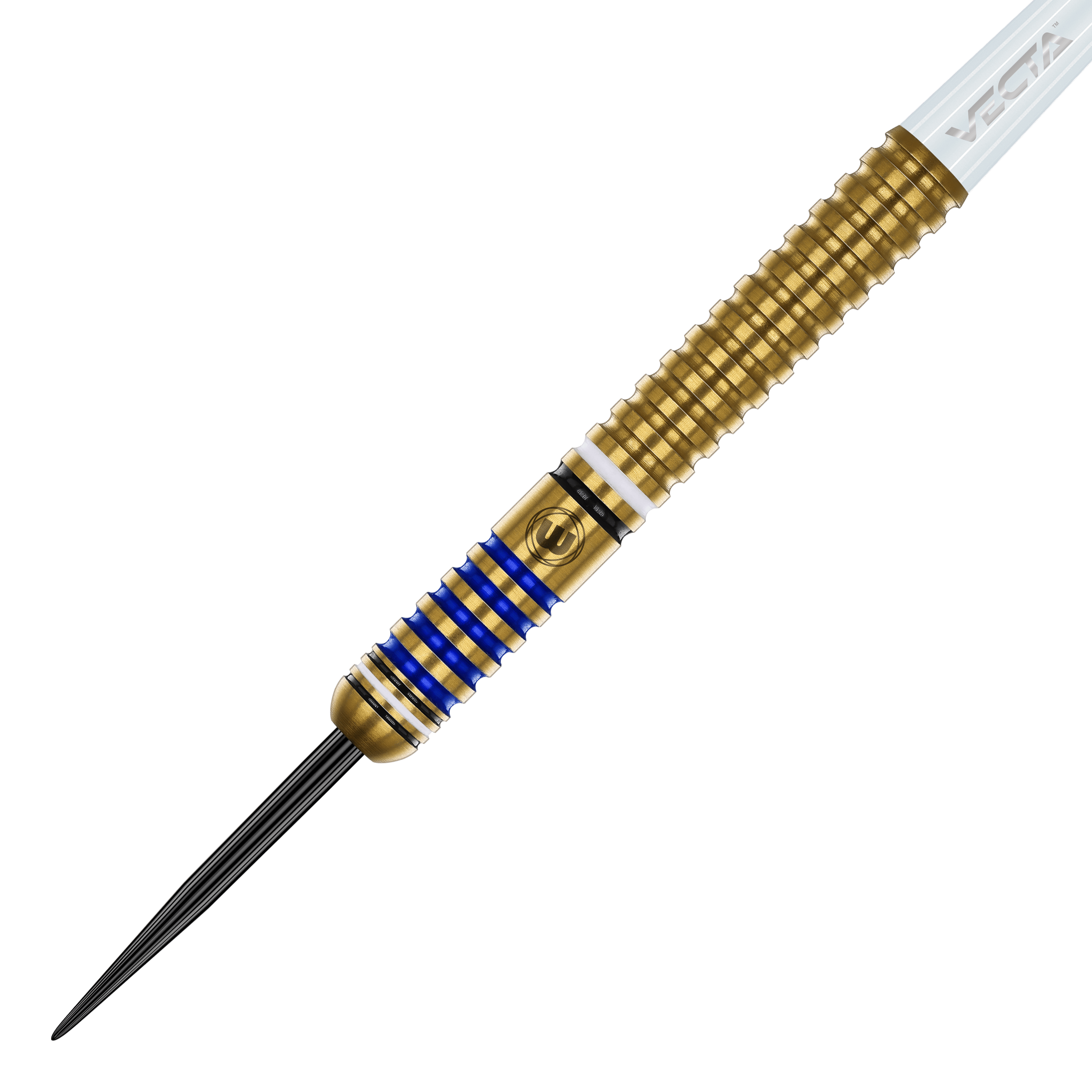Winmau Ryan Branley Steel Darts - 23g Der Winmau Ryan Branley Steeldart mit 23g Gewicht ist auf dem Bild zu sehen. Er hat ein goldfarbenes Griffstück mit blauen und weißen Ringen und einer schwarzen Spitze.