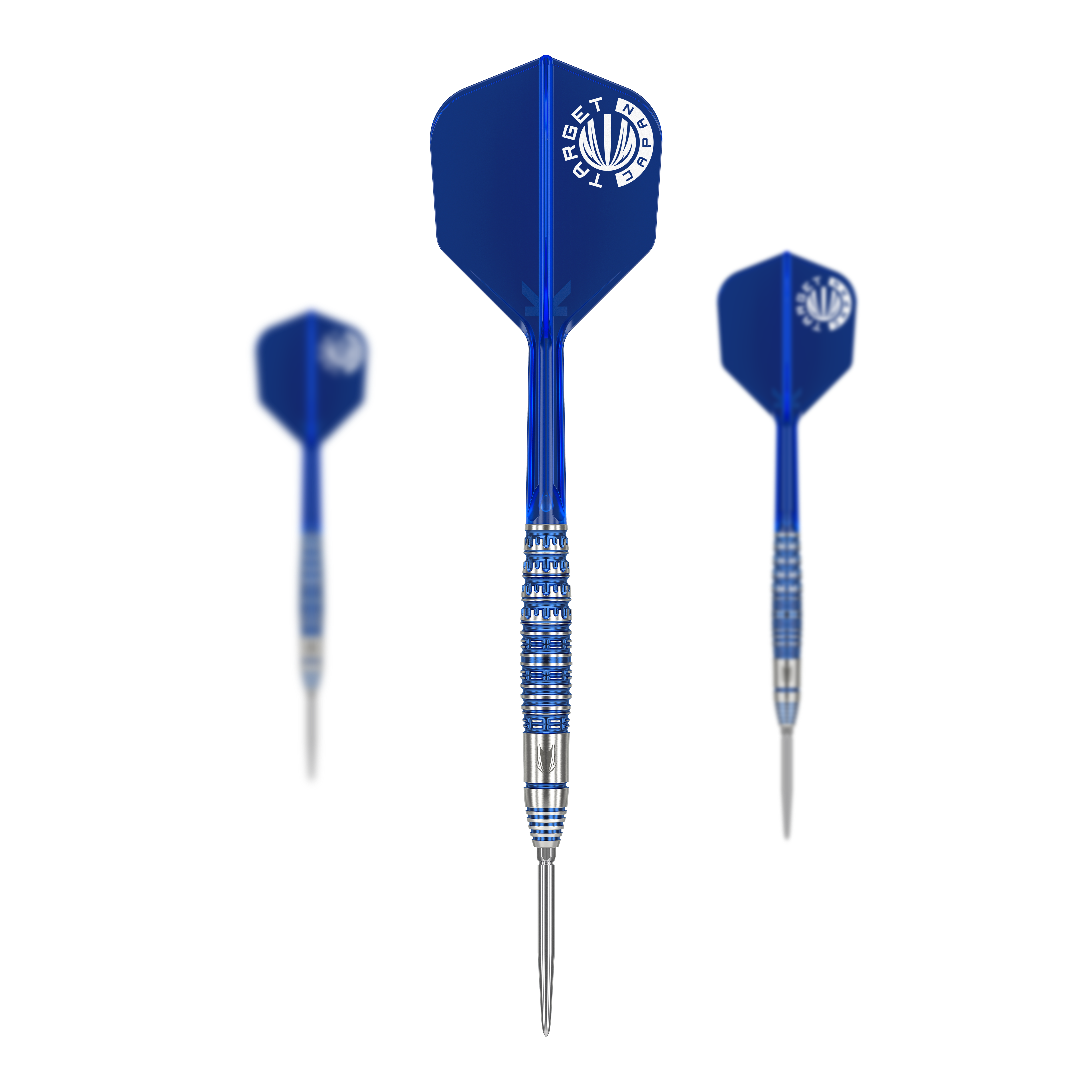 Target Japan Toru Suzuki Sereno GEN1 Swiss Point Steeldarts - 21g Das Bild zeigt drei Steeldarts mit blauen Flügeln und silber-blauen Schäften. Es handelt sich um das Produkt "Target Japan Toru Suzuki Sereno GEN1 Swiss Point Steeldarts - 21g".