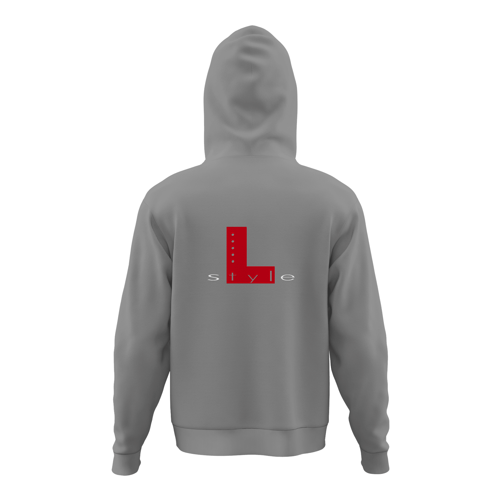 L-Style Hoodie - Grey Der Hoodie ist grau und hat auf der Rückseite ein großes rotes "L" mit dem Wort "style" darunter. Das Design ist schlicht und modern gehalten.