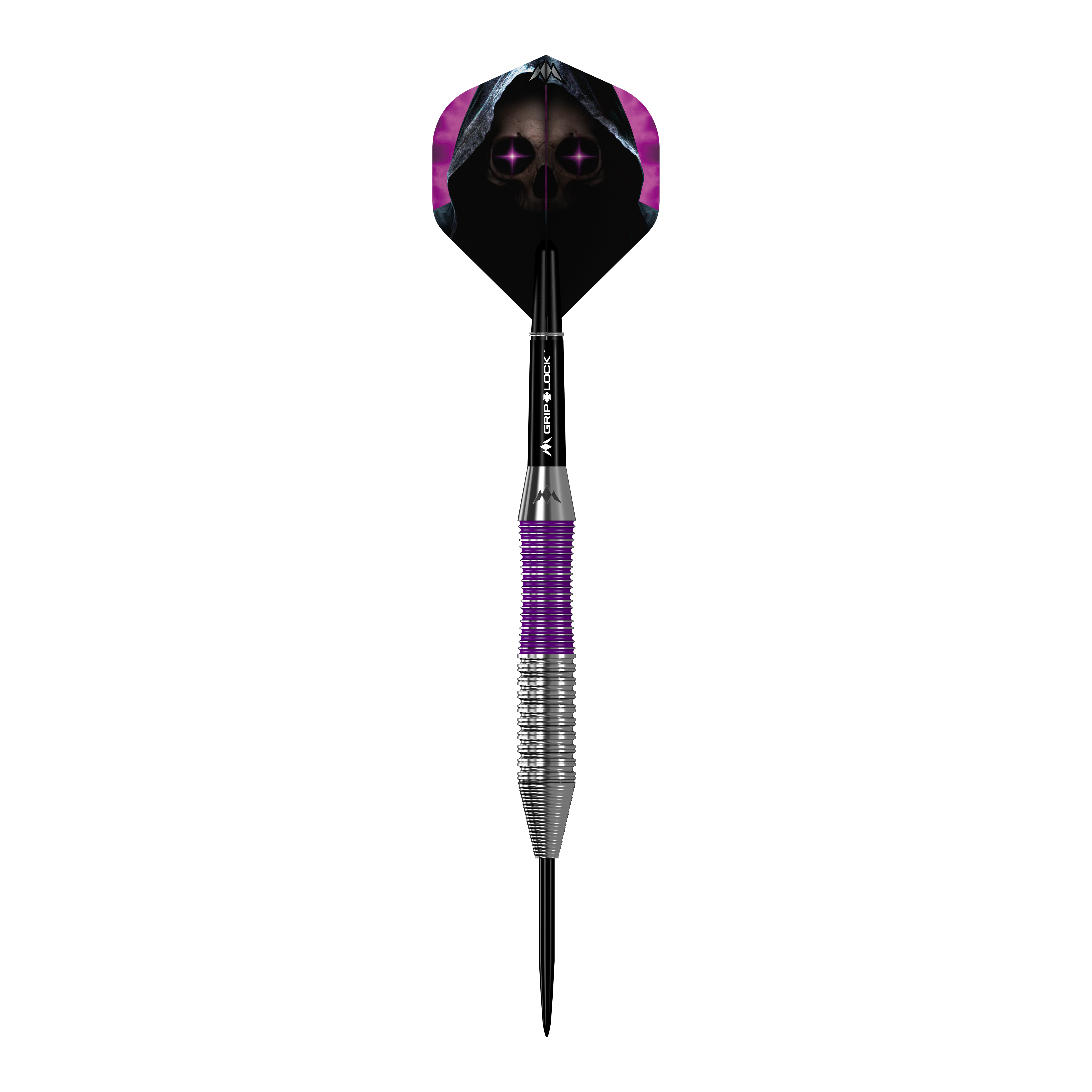 Mission Phantom Brass Steel Darts - 22g Das Bild zeigt den Mission Phantom Brass Steeldart mit einem Gewicht von 22 Gramm. Der Dart hat ein auffälliges Design mit violetten und silbernen Elementen sowie einer Flight-Grafik eines Totenkopfs mit Kapuze.