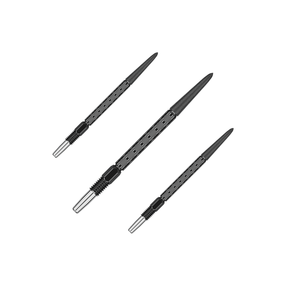 Target Swiss FLT Point Dart Tips - Black Das Dartspitzen-Set besteht aus mehreren schwarzen Spitzen. Sie sind ordentlich in Reihe ausgelegt.