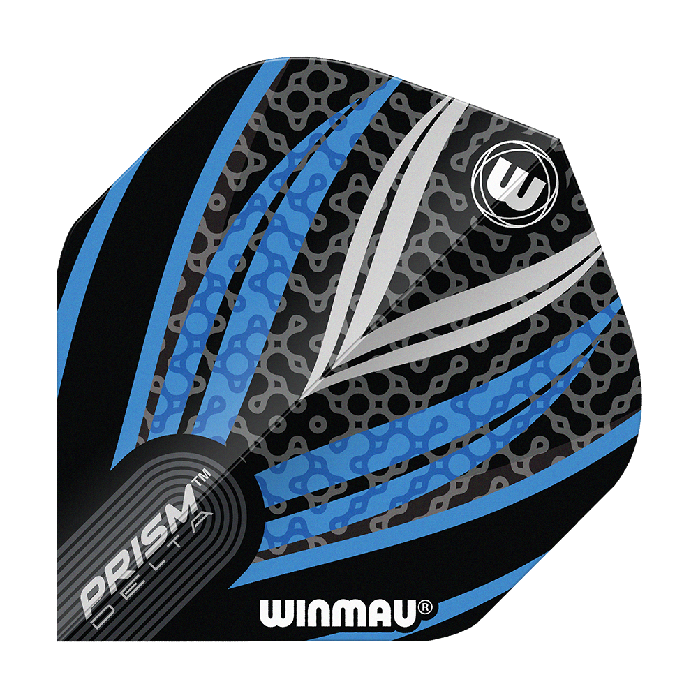Das Bild zeigt ein Winmau Prism Delta Flight in den Farben Schwarz, Weiß und Blau. Das Design ist modern mit auffälligen Linien und Mustern.