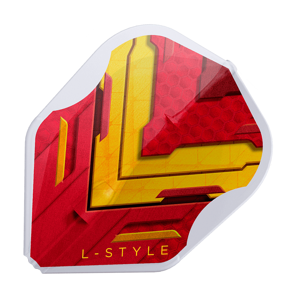 Dies ist ein L-Style V-Series V1 Type A Spain Clear White L3EZ Flight. Das Design ist rot und gelb mit einem weißen Rand und der Aufschrift "L-STYLE".