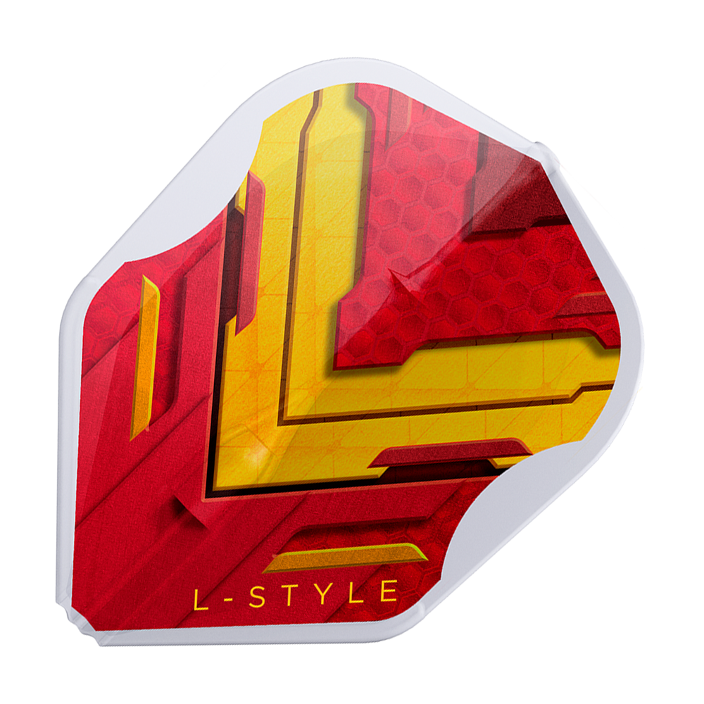 L-Style V-Series V1 Type A Spain Clear White L3EZ Flights Dies ist ein L-Style V-Series V1 Type A Spain Clear White L3EZ Flight. Das Design ist rot und gelb mit einem weißen Rand und der Aufschrift "L-STYLE".