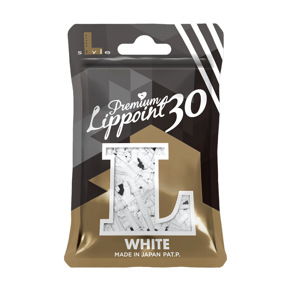 LIP43_L-Style_Premium_Lippoints_30_Softdartspitzen_30erPack_Weiss_3 Auf dem Bild ist eine Packung mit weißen Premium Lippoint Softdartspitzen zu sehen. Die Verpackung enthält 30 Stück und ist Made in Japan.